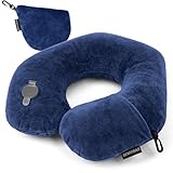 Rewondah Neck Pillows for Travel, Inflatable Travel Pillow, Inflatable Neck Pillow for Traveling Airplane with Soft Velour Washable Cover, Blow Up Neck Pillow for Airplanes Train Travel, Blue