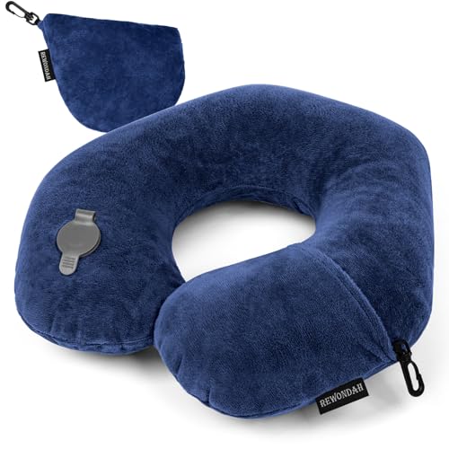 Rewondah Neck Pillows for Travel, Inflatable Travel Pillow, Inflatable Neck Pillow for Traveling Airplane with Soft Velour Washable Cover, U Shape Blow Up Neck Pillow for Airplanes Train Car Travel