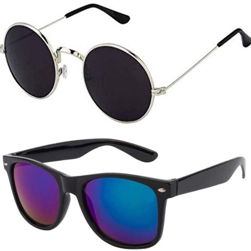 Unisex Combo Offer Pack Of Round & Rectangular Sunglasses For Men And Women Uv Protected (Lens Black, Blue || Frame Silver || YNCH-419) - 2 Goggles-image-46
