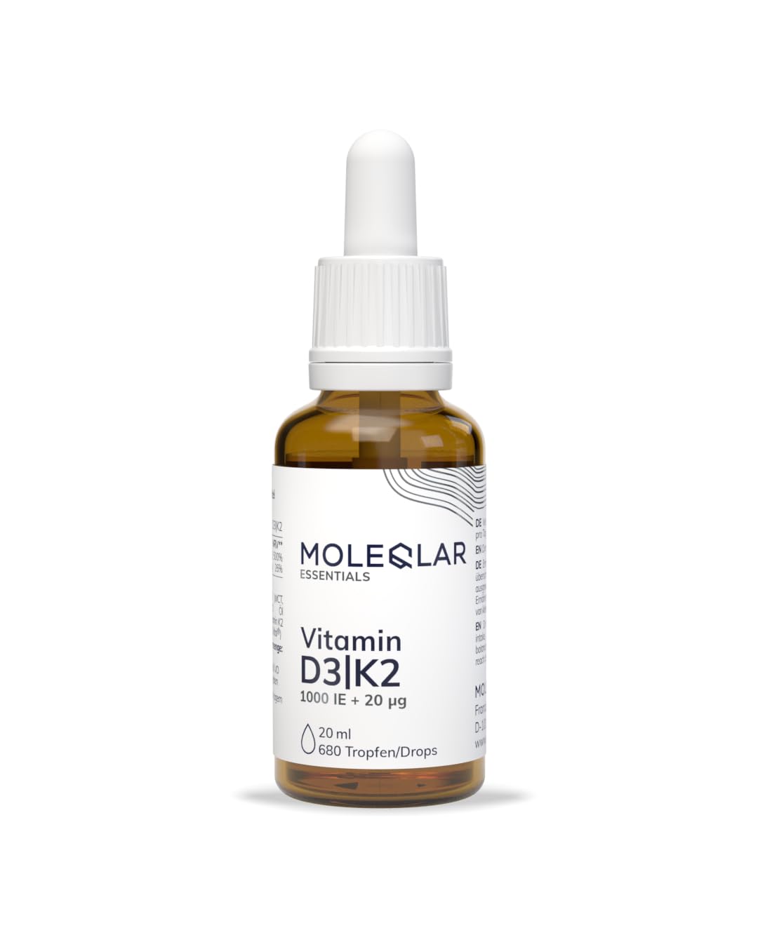 MoleQlar Vitamin D3+K2 Tropfen – 1000 IE D3 + 20 µg K2 MK-7 pro Tropfen, MCT-Öl, vegetarisch, 680 Tropfen je Flasche