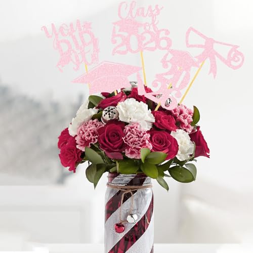 Image of Graduation Centerpiece Sticks 24PCS Glitter Grad Picks Party Table Decor Senior High School College Sign Pink