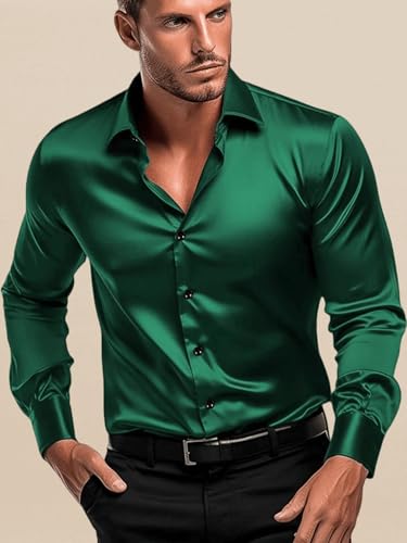 Image of IndoPrimo Men's Satin Shirt with Spread Collar Neck Line Solid Pattern Full Sleeves Regular Fit Western Style and Standard Length