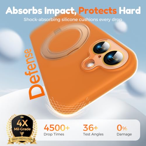 Image of Silicone 360 Spin Magnetic Stand Case for iPhone 17, [Compatible with Mag-Safe][Reinforced Hard Camera Protection]Shockproof Liquid Silicone Rubber Phone Case Cover with Ring, Camera Button, Orange