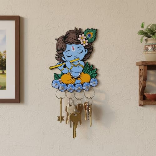 Image of Cute Krishna Wall-Mounted Key Holder, Decorative MDF Wood, 20x25 cm, 7 Hooks, Blue UV Printed Design, Decorative Wooden Key Stand - Home & Office