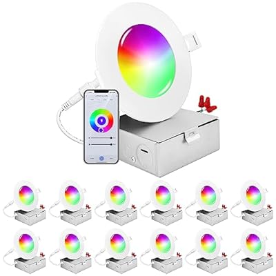 LUXRITE 12-Pack 4 Inch Smart LED Recessed Lighting, RGBW Color Changing, WiFi App and Voice Control, Compatible with Alexa and Google Home, No Hub Required, 10.5W 700LM, CRI 90, IC Rated, Wet Rated