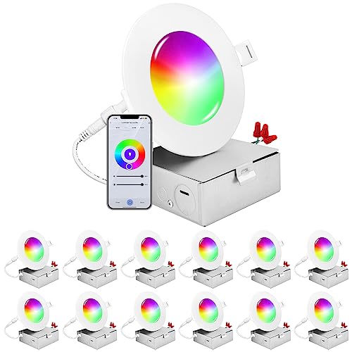 LUXRITE 12-Pack 4 Inch Smart LED Recessed Lighting, RGBW Color Changing, WiFi App and Voice Control, Compatible with Alexa and Google Home, No Hub Required, 10.5W 700LM, CRI 90, IC Rated, Wet Rated