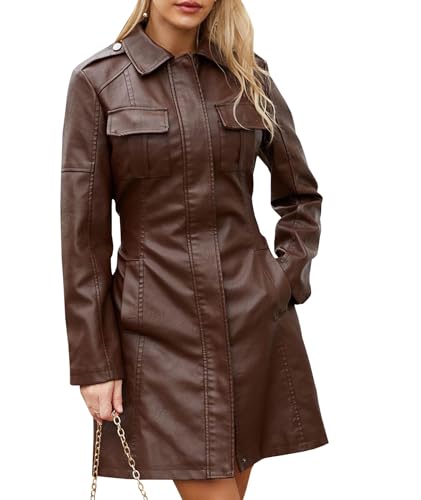 SOMTHRON Women's Mid Length Faux PU Leather Trench Coat Long Sleeve Zip Up Lapel Long Jacket Overcoat with Belt