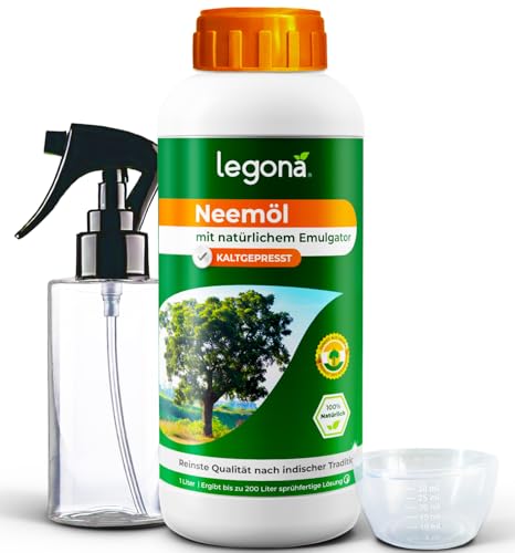 Legona Neemöl mit Emulgator 1000 ml Konzentrat ergibt bis zu 200 L Sprüh- & Gießlösung Pflanzenpflege für Zimmer- & Gartenpflanzen inkl. Sprühflasche & Messbecher