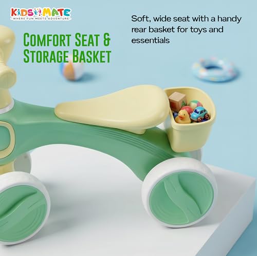 Image of Kidsmate Tiny Glide Baby Push Ride On Toy with Rear Storage Basket | 4-Wheel Stable Design for Balance, Coordination & Active Growth | Perfect Toddler Mini Bike for 1-4 Yrs - Green Yellow