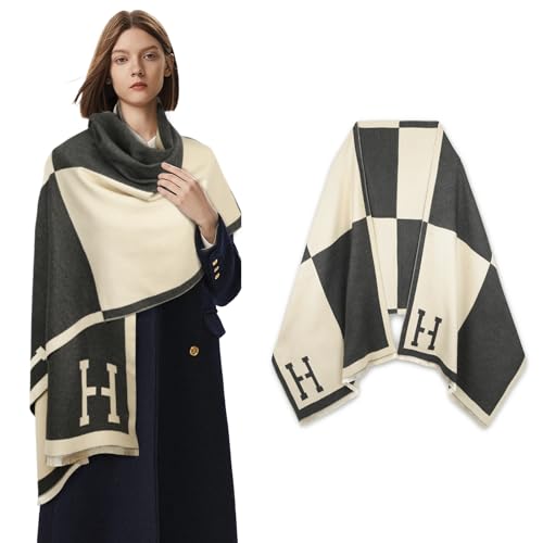 EXTREE Scarfs for Women Pashmina Silky Shawl Wrap for Evening Dressing Blanket Open Front Poncho Cape Letter H Black Rice