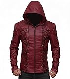 Alamodetrend Men’s Red Hooded Leather Jacket Moto Biker Style Leather Streetwear Costume Modern Fit Outerwear, M