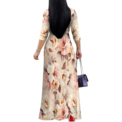PinkPatty Women's Plus Size Maxi Dresses 3/4 Sleeves Bohemian Long Dress Printed Swing Dress with Belt3