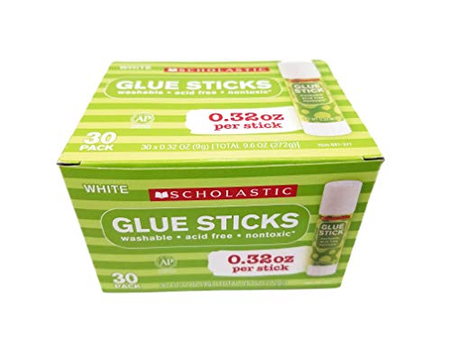 Scholastic Glue Sticks, 0.32 Oz, White, Box of 30
