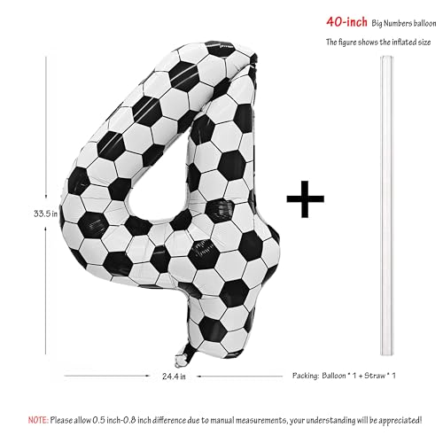 Image of Black White Soccer Number 4 Balloon 4nd Birthday Decoration 40in 4 Balloon | Helium Foil Mylar Balloon World Cup Football Sports Theme Favors for Birthday Party Anniversary Decorations Supplies