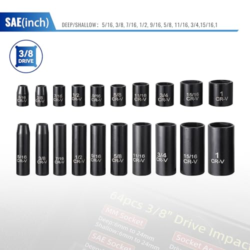 Image of Reniteco 64-Piece 3 /8 inch Drive Socket Set, SAE (5 /16 inch-1 inch) & Metric (6mm-24mm), Deep & Shallow, 72-Tooth Ratchet Wrench, Extension Bars, 1 /2 inch F to 3 /8 inch M Reducer, Universal Joint & Power Drill Adapter