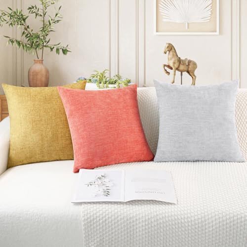 Image of CaliTime Pack of 2 Cozy Bolster Pillow Covers Cases for Couch Sofa Home Decoration Solid Dyed Soft Chenille 12 X 20 Inches Living Coral