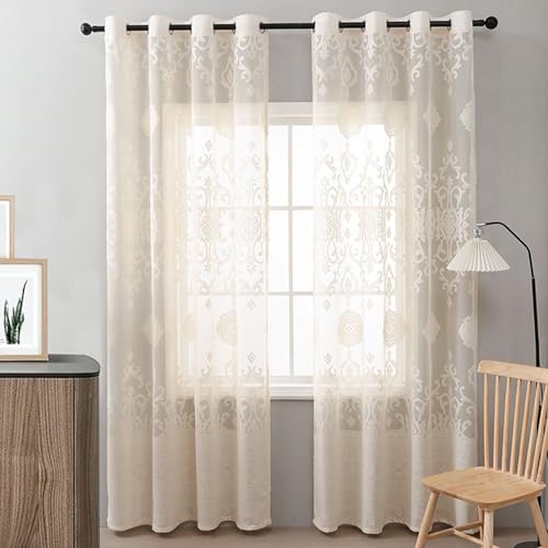 Homxi Cortina Ventana Semitranslucida Dos Piezas,2 x 130W x 245H CM,Cortinas Habitación Patrón de Florales Encaje Bordado Beige Cortina Comedor Ojales