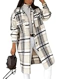 Omoone Women's Lounge Lapel Button Up Long Sleeve Plaid Long Shirt Jacket Shacket(1766-02LightGrey-M)