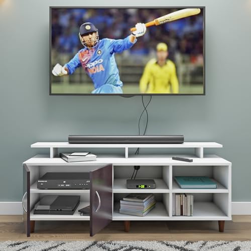 Image of VIKI Modern TV Unit for Living Room | Engineered Wood TV Cabinet with 2 Door Storage, 2 Open Shelves & Extension, Entertainment Unit, 140W x 48H x 40D cm | DIY | 1 Year Warranty (White & Wenge)