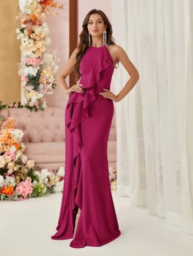 Ruffle Bridesmaid Dresses for Women with Slit Halter Chiffon Mermaid Long Formal Prom Dress AD1123