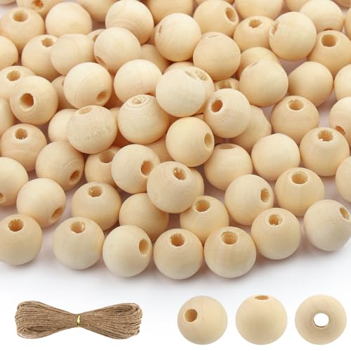 Meanon Holzperlen 100 Stück Natur Holzkugeln mit Loch Runde Holzperlen zum Auffädeln mit Jute Schnur für DIY Basteln Makramee Schmuck Herstellung (10 mm)