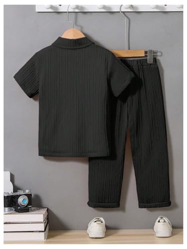 Image of RoseSeek Boy's 2 Piece Outfits Textured Button Down Short Sleeve Collar Shirts Tops and Elastic Waisted Pants