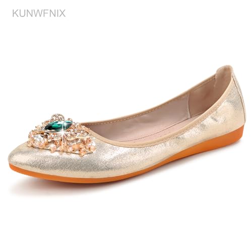 Image of KUNWFNIX Women Ballet Flats Rhinestone Wedding Ballerina Shoes Foldable Sparkly Comfort Slip on Flat Shoes