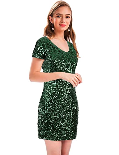 Image of MANER Women's Sequin Glitter Short Sleeve Dress Sexy V Neck Mini Party Club Bodycon Dresses