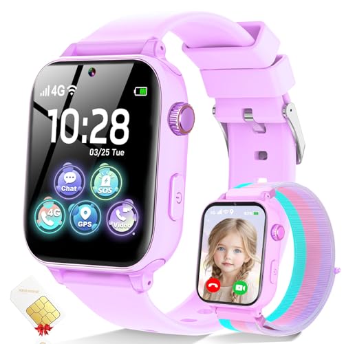 4G Kids Smart Watch for Boys Girls, Kid Watch Phone Ages 4-12 with Call, GPS, SOS, Video Call, Games, Camera, Alarm, Touchscreen Smartwatch for Children Birthday Gift (Includes SIM Card), Violet