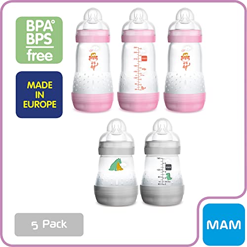 Mam Easy Start Anti-Colic Slow And Medium Flow Bottles 5 Oz. And 9 Oz (5-Count), Gray And Pink #TOP2