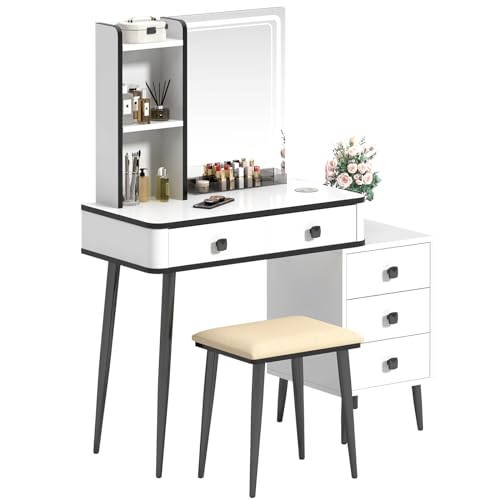 Tocador de maquillaje con espejo regulable SogesHome, escritorio con taburete 4