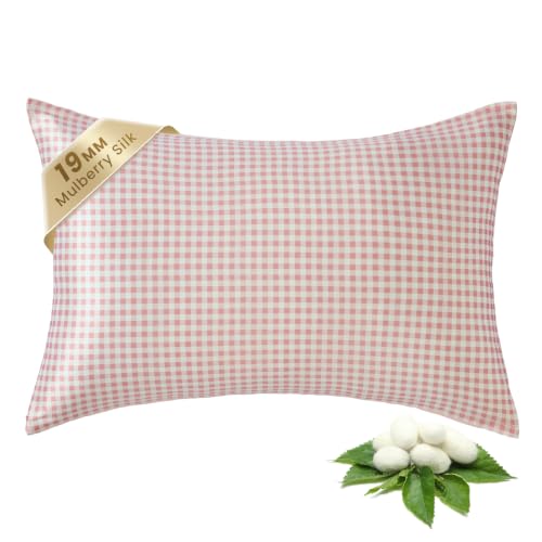 Image of THXSILK Mulberry Silk Pillowcase for Hair and Skin, Cooling Bed Pillow Cover with Hidden Zipper, Soft Smooth Print Silk Pillowcase Gifts for Women Men, 1pc (Standard 20 inchx26 inch, Pink Plaid)