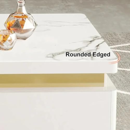 Image of Premium Marble-Top Wooden Center Table with Drawer for Living Room | Luxury Modern Coffee Table | Contemporary Design Craftsmanship - 36X36X17 Inch (White)