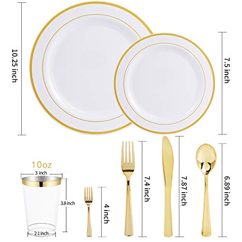 Wdf 25Guest Gold Plastic Plates With Gold Silverware - Pastic Plates Dinnerware - Include 25 Dinner Plates 25 Salad Plates 50 Forks 25 Knives 25 Spoons 25 Cups 25 Mini Forks For Christmas #TOP2