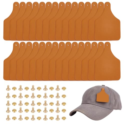 OLYCRAFT 30 colgantes en blanco de piel sintética de vaca, 7,6 x 5 cm, color marrón claro, etiquetas de piel en blanco, colgante de piel sintética con 30 remaches para sellar, etiquetas para vaqueros