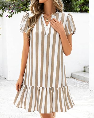 dowerme Womens Summer Dresses 2026 Puffy Sleeve V Neck Loose Floral Print A Line Boho Mini Babydoll Dress with Pockets(Striped Khaki,X-Large) — view 3