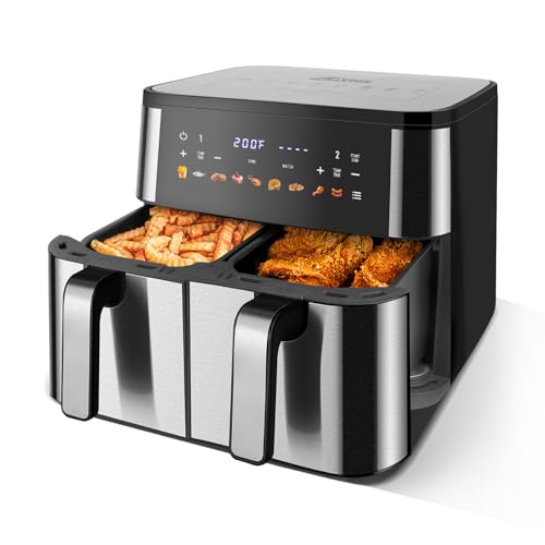 MIRASTON Upgraded Large 10QT Dual Air Fryer, Digital Touchscreen, Smart Sync Cook & Finish Function to Air Frying, Reheat, Bake, Double Baskets for Fresh Meals, Snack for Family and Children