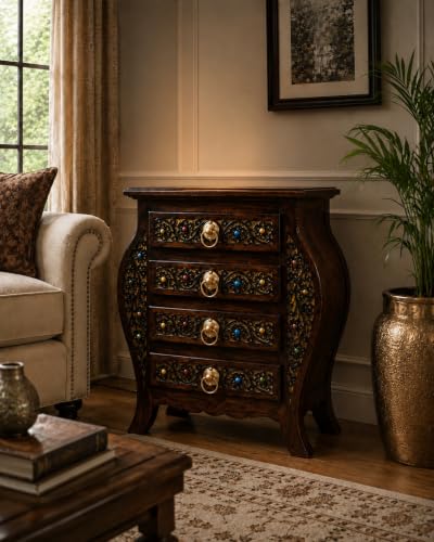 Image of Wooden Stool-Natural Wood Antique Look Side Table with Two Drawer for Living Room (Brown, 14 x 14 x 21 inch) || AS(4D) (Four Drawer Antique Table)