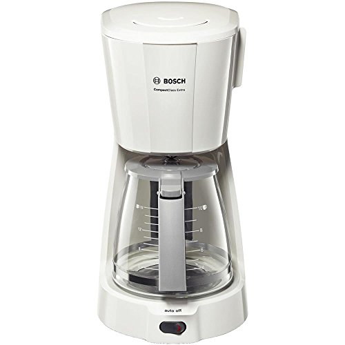 Bosch Filterkaffeemaschine CompactClass Extra TKA3A031, Aromaschutz-Glaskanne 1,25 L, für 10-15 Tassen, Warmhaltefunktion, Abschaltautomatik, Tropfstopp, schwenkbarer Filterträger, 1100 W, weiß
