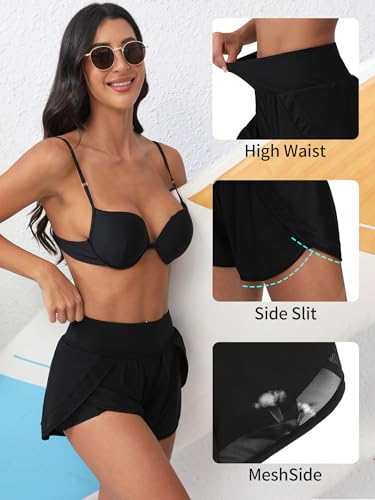 Image of ATTRACO Women Swim Shorts Side Split Swim Trunk 2 in 1 Board Shorts with Pockets Swim Bottom