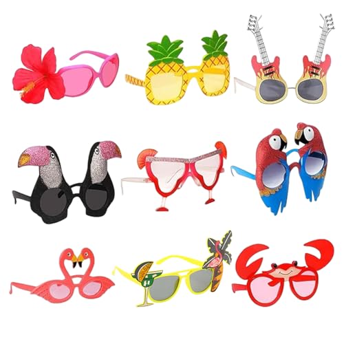 MUNSKT Lot de 9 paires de lunettes de soleil pour fête, plage, fête tropicale, lunettes hawaïennes amusantes, accessoires de photomaton, accessoires de...