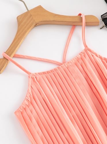 Image of Hilinker Girls Pleated 2 Piece Summer Outfits Cute Cami Top and Wide Leg Pants Clothing Set Pink 7-8 Year