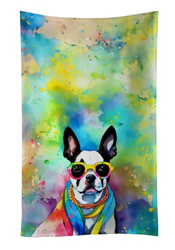 Caroline's Treasures DAC2469KTWL Boston Terrier Hippie Dawg Kitchen Towel Dish Cloths Guest Hand Towel Decorative Bathroom Towel for Face,Tea, Dishcloth, Kitchen and Bath