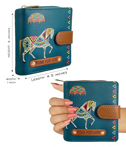 Image of Funk For Hire Women's Compact Wallet in Petrol Blue - Stylish Cartoon Print Leatherette Purse with Card Slots, Coin Pocket & Magnetic Closure - Handcrafted in India