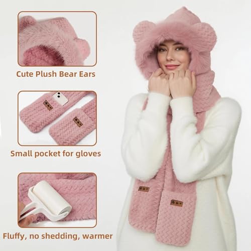 Hooded Scarf for Women Winter, Cute Bear Ear Hat Scarf 3 in 1 Faux Fur Gloves Set2