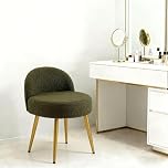 Warmiehomy Dressing Table Stool, Teddy Velvet Makeup Vanity Stool Chair with Gold Legs and Back, Comfy Dressing Table Chairs for Bedroom, Living Room, Hallway, Green