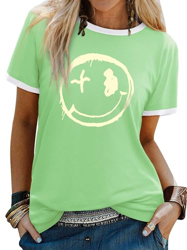 Image of WIEIYM Women T Shirt Smile Face Graphic Happy Summer Casual Tee Light Green