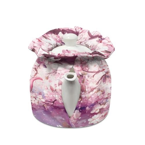 Image of Xoenoiee Axolotl Tea Pot Cosy Cotton Tea Cozy for Teapots Dust Cover Insulated Kettle Cover Pink Cherry Blossom Pattern Teapot Warmer for Home Kitchen Floral Decorative Accessories