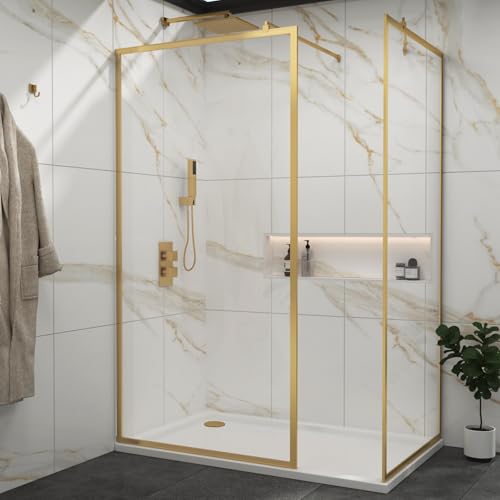 Luxor Walk in Shower Enclosure with 1200 x 800mm Shower Tray & Brushed Brass Frame 8mm Easy Clean Toughened Safety Glass Screen