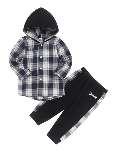 Image of Fuermos Toddler Baby Boys Clothes Flannel Lattice Button Down Hooded Tops +Pants Boys Fall Winter Outfits